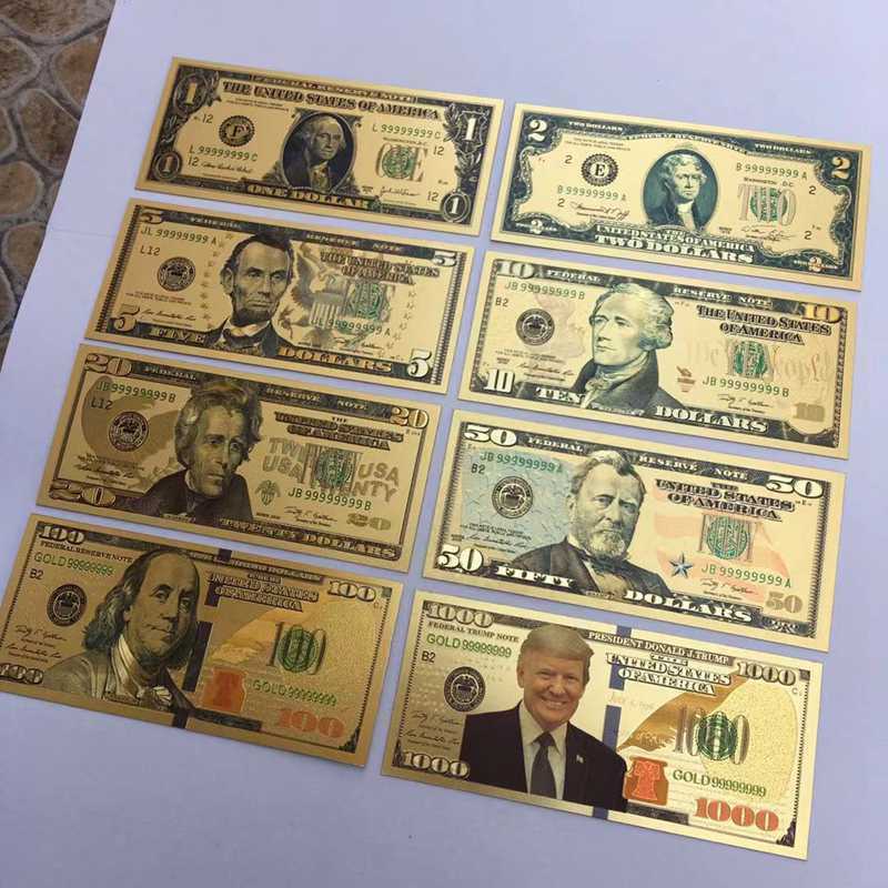 8pc Donald Trump Gold Dollar Bill Full Set Gold Banknote Usd 1/2/5/10/20/50/100